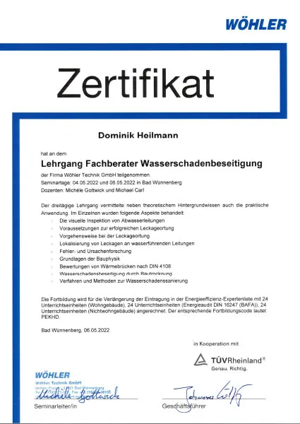 Weiterbildungs Zertifikat der Heilmann Liefke GmbH