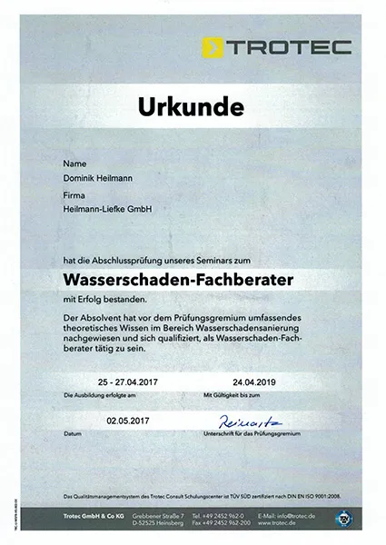 Weiterbildungs Zertifikat der Heilmann Liefke GmbH