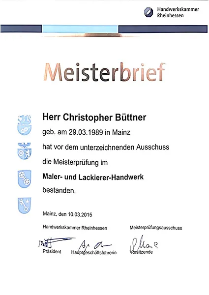 Christopher Büttner Meisterbrief Projektleiter der Heilmann Liefke GmbH