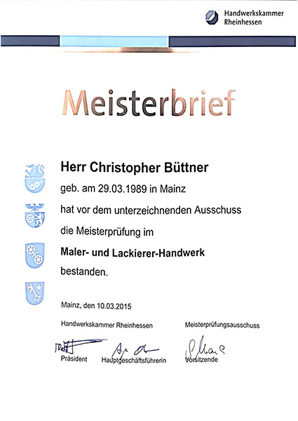 Christopher Büttner Meisterbrief Projektleiter der Heilmann Liefke GmbH